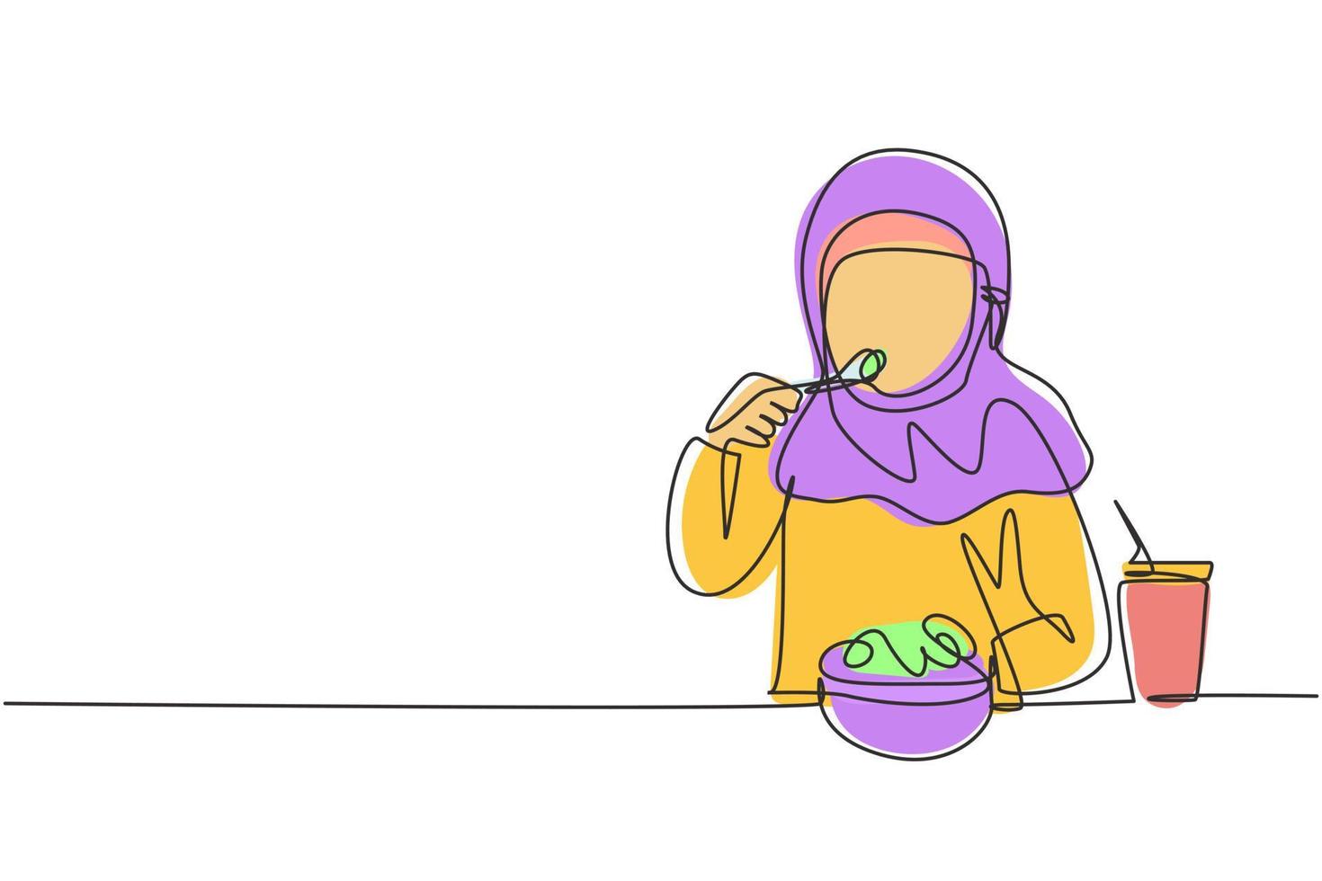 continu een lijntekening arabisch meisje met salade maaltijd met vork rond tafel. blij en geniet 's ochtends van het ontbijt. heerlijk en gezond eten. enkele lijn tekenen ontwerp vector grafische afbeelding