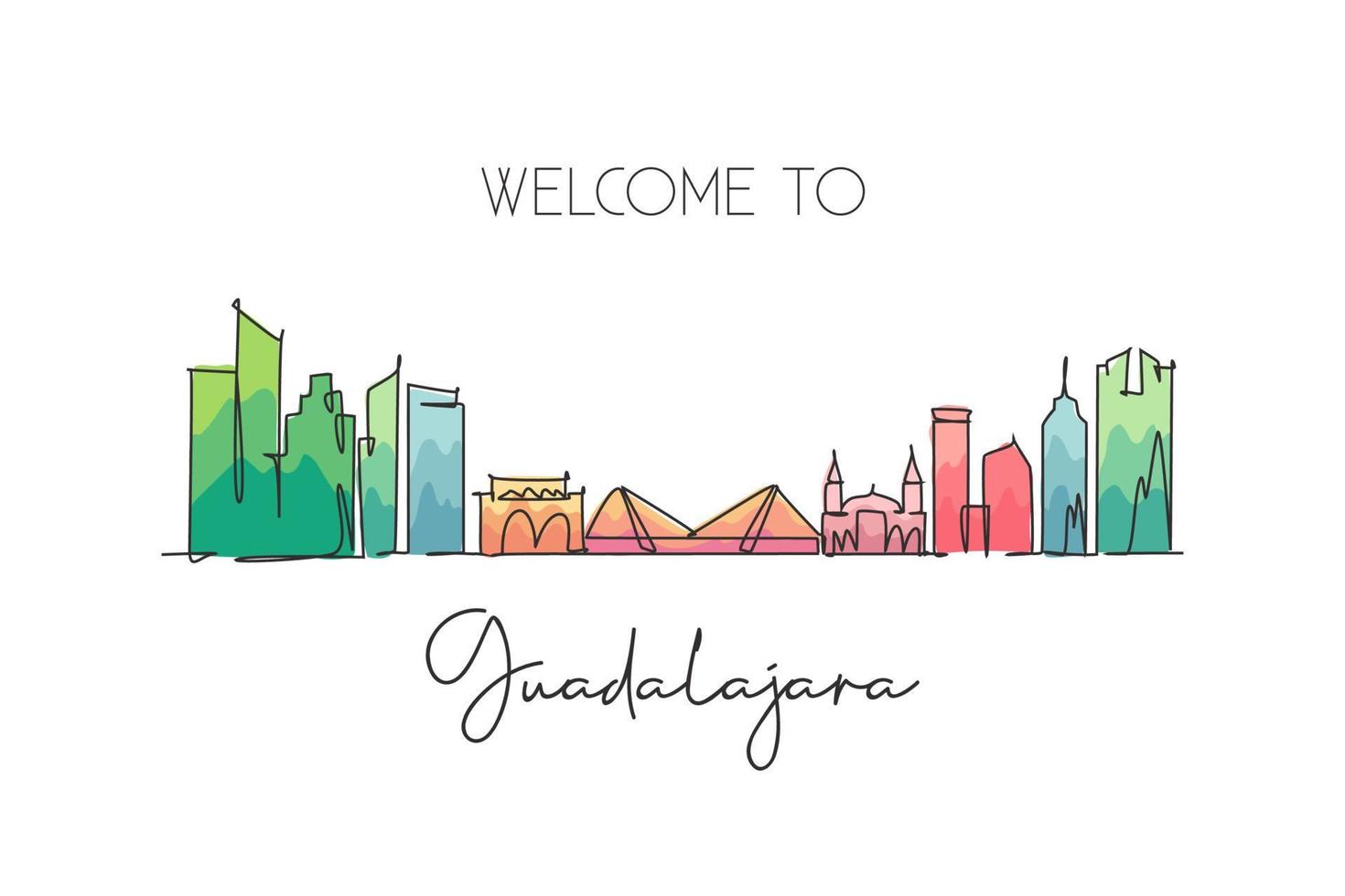 een doorlopende lijntekening guadalajara skyline van de stad, mexico. mooie historische ansichtkaart. wereld landschap toerisme reizen vakantie. bewerkbare stijlvolle lijn enkele lijn tekenen ontwerp vectorillustratie vector