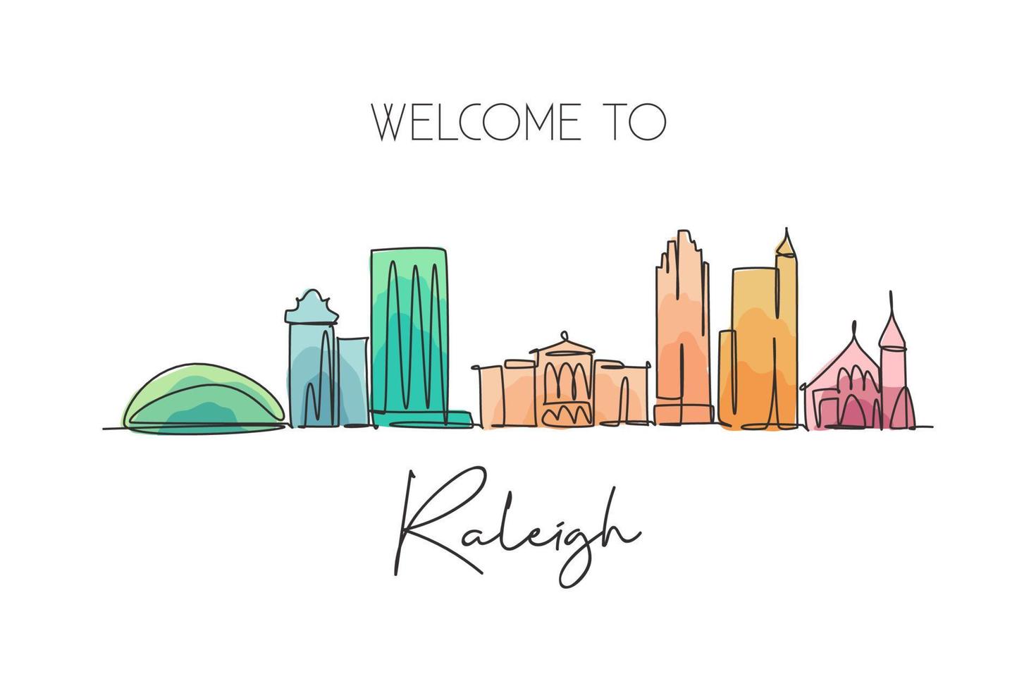 een single lijn tekening van Raleigh stad horizon, Verenigde staten. historisch stad- landschap. het beste vakantie bestemming muur decor kunst poster afdrukken. modieus doorlopend lijn trek ontwerp vector illustratie