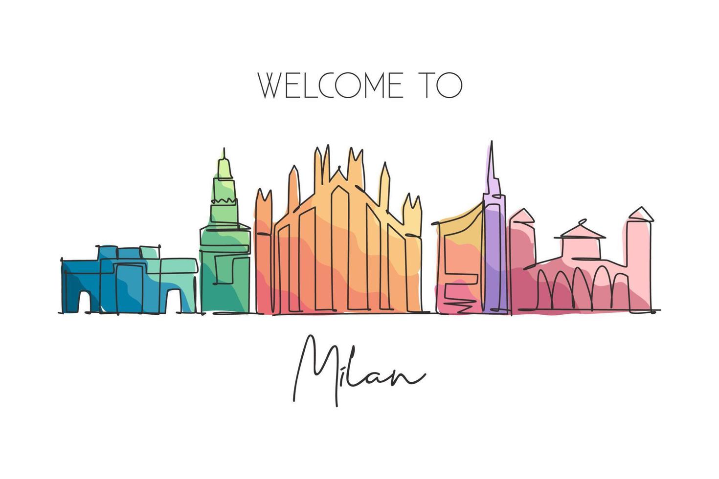 enkele doorlopende lijntekening van de skyline van de stad van Milaan, Italië. beroemde stad wolkenkrabber landschap in de wereld. wereld reizen wand decor poster print concept. moderne één lijn tekenen ontwerp vectorillustratie vector