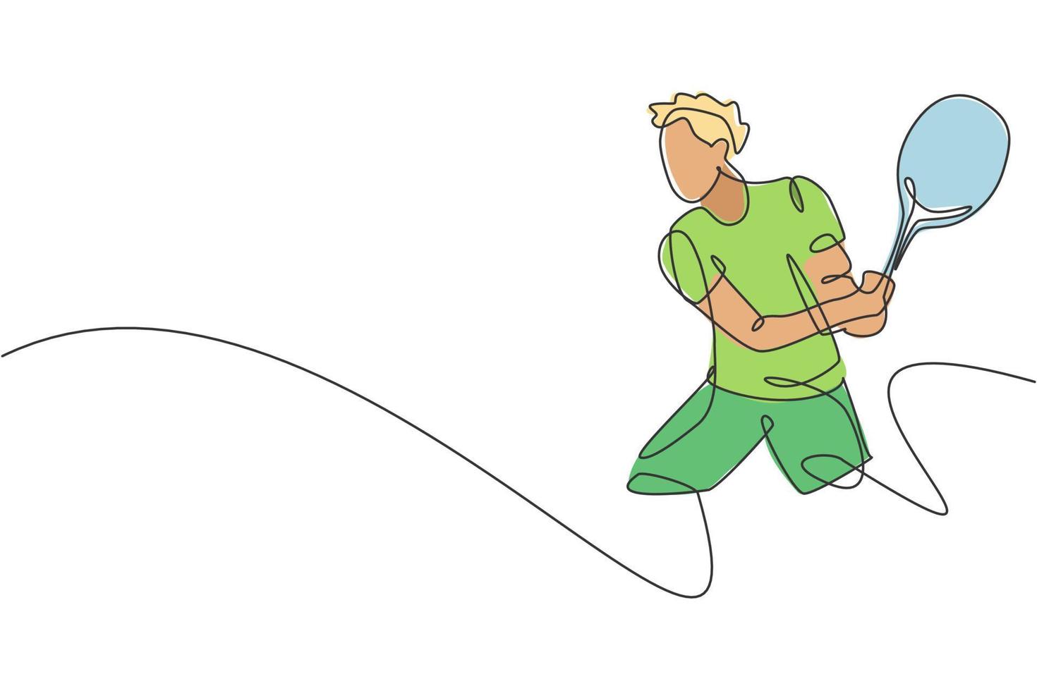 enkele doorlopende lijntekening van jonge behendige tennisser sloeg de bal van de tegenstander. sport oefening concept. trendy één lijn tekenen ontwerp vectorillustratie voor tennistoernooi promotie media vector