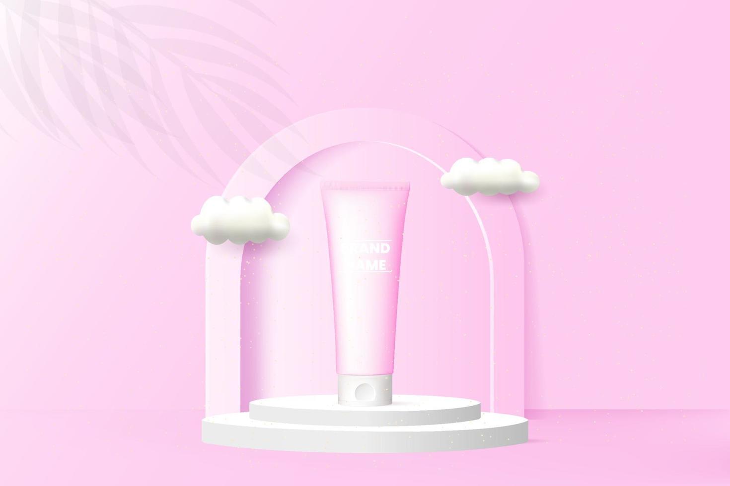 cosmetische advertentiesbanner met podium op roze achtergrond. vector