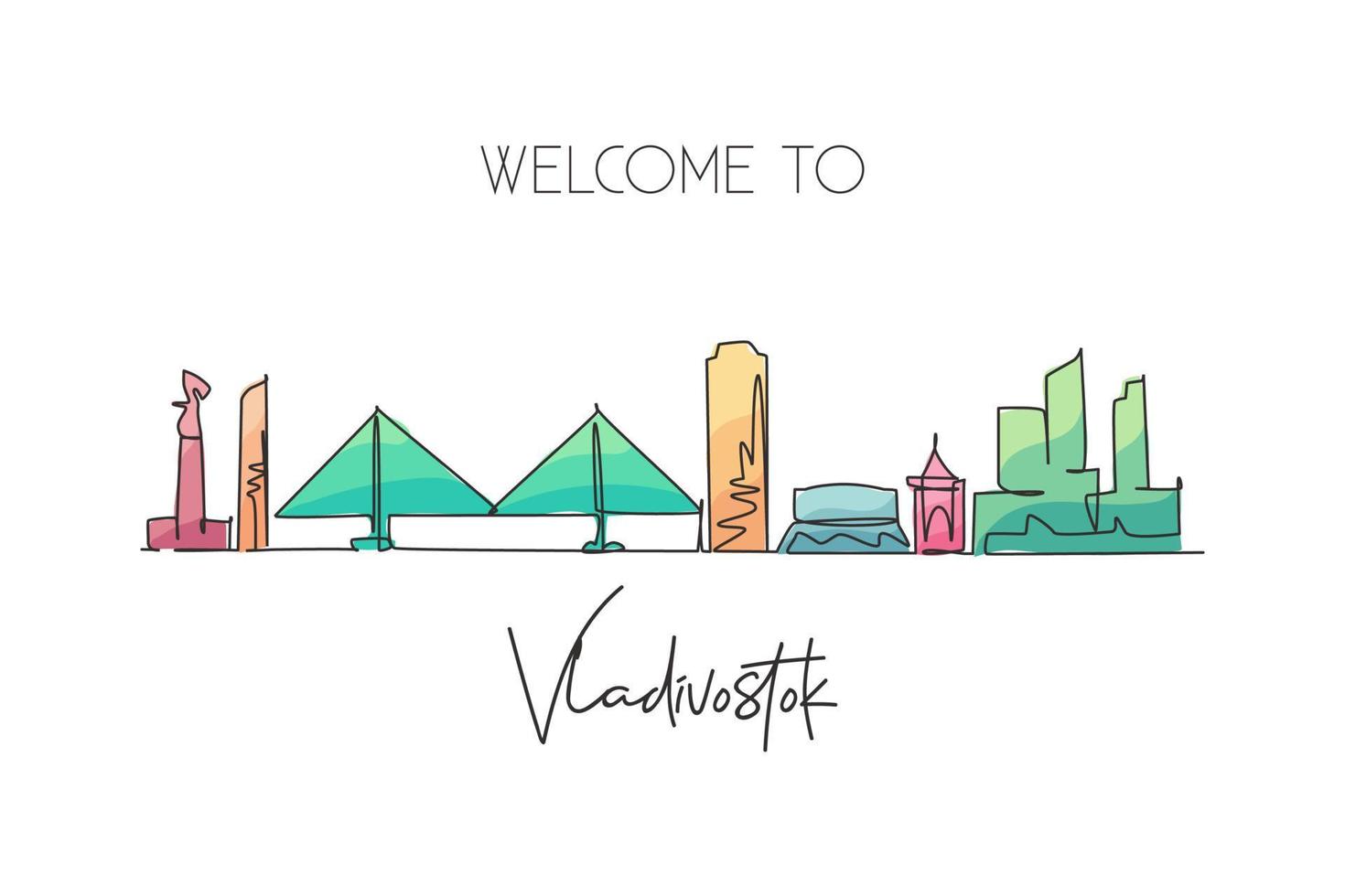 één enkele lijntekening van de skyline van de stad van Vladivostok, Rusland. wereldstad landschap briefkaart. beste plaats vakantiebestemming. bewerkbare lijn trendy doorlopende lijn tekenen ontwerp kunst vectorillustratie vector