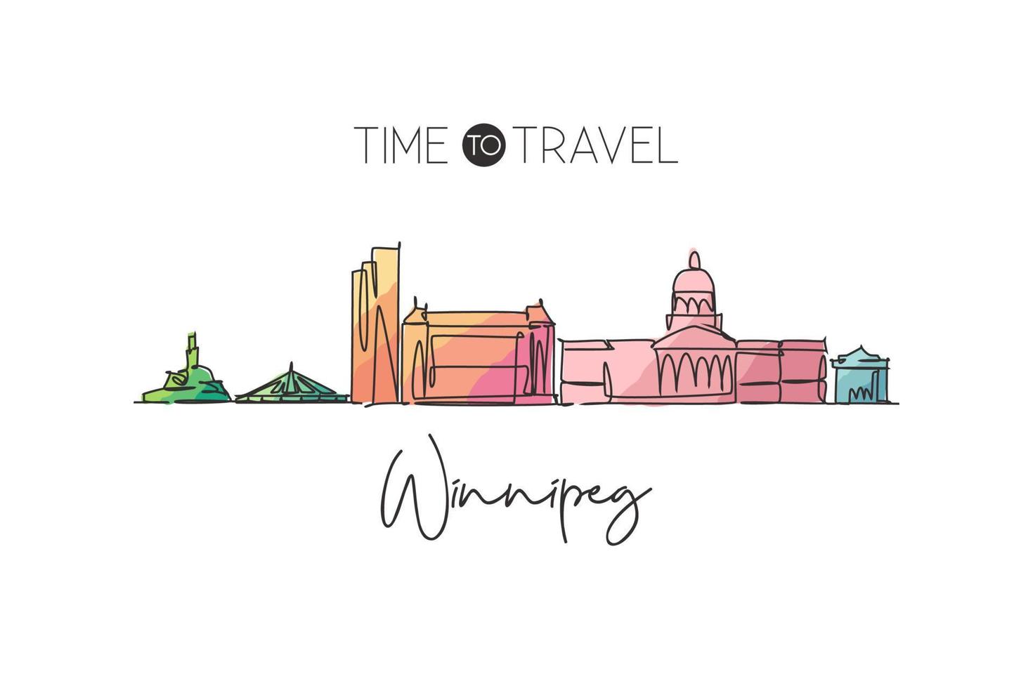 een doorlopende lijntekening skyline van de stad van Winnipeg, Canada. prachtige landmark home decor poster print kunst. wereld landschap toerisme reizen vakantie. stijlvolle enkele lijn tekenen ontwerp vectorillustratie vector