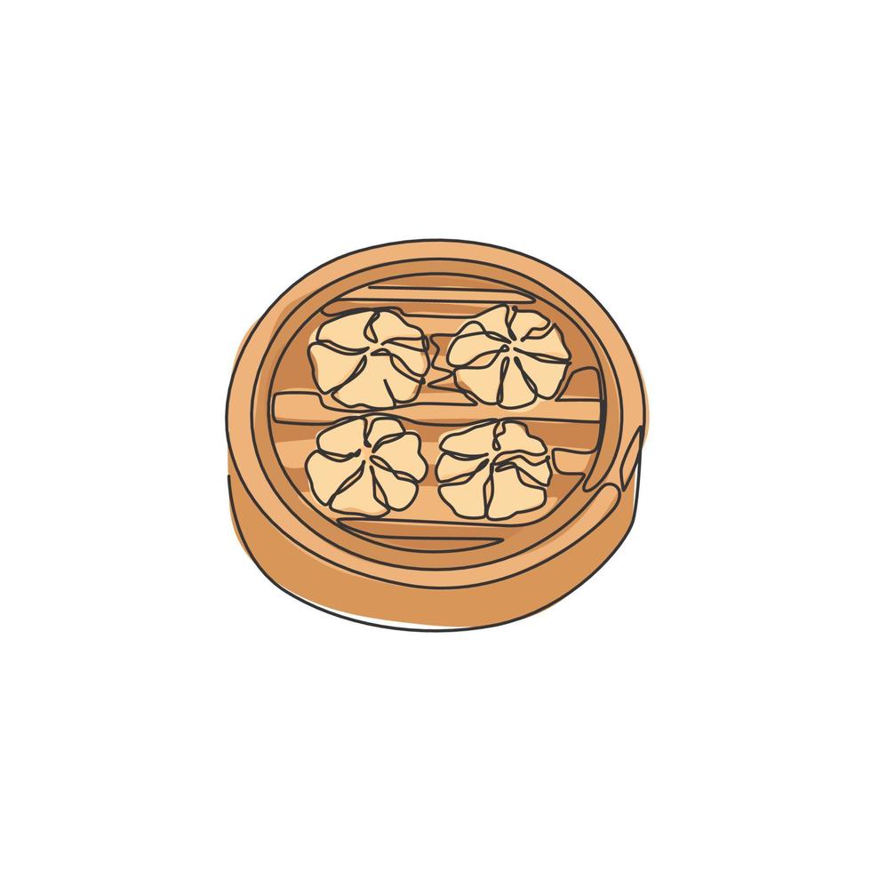 een enkele lijntekening van verse chinese knoedel logo grafische vectorillustratie. aziatisch mantou eten café menu en restaurant badge concept. modern doorlopende lijntekening ontwerp straatvoedsel logotype vector