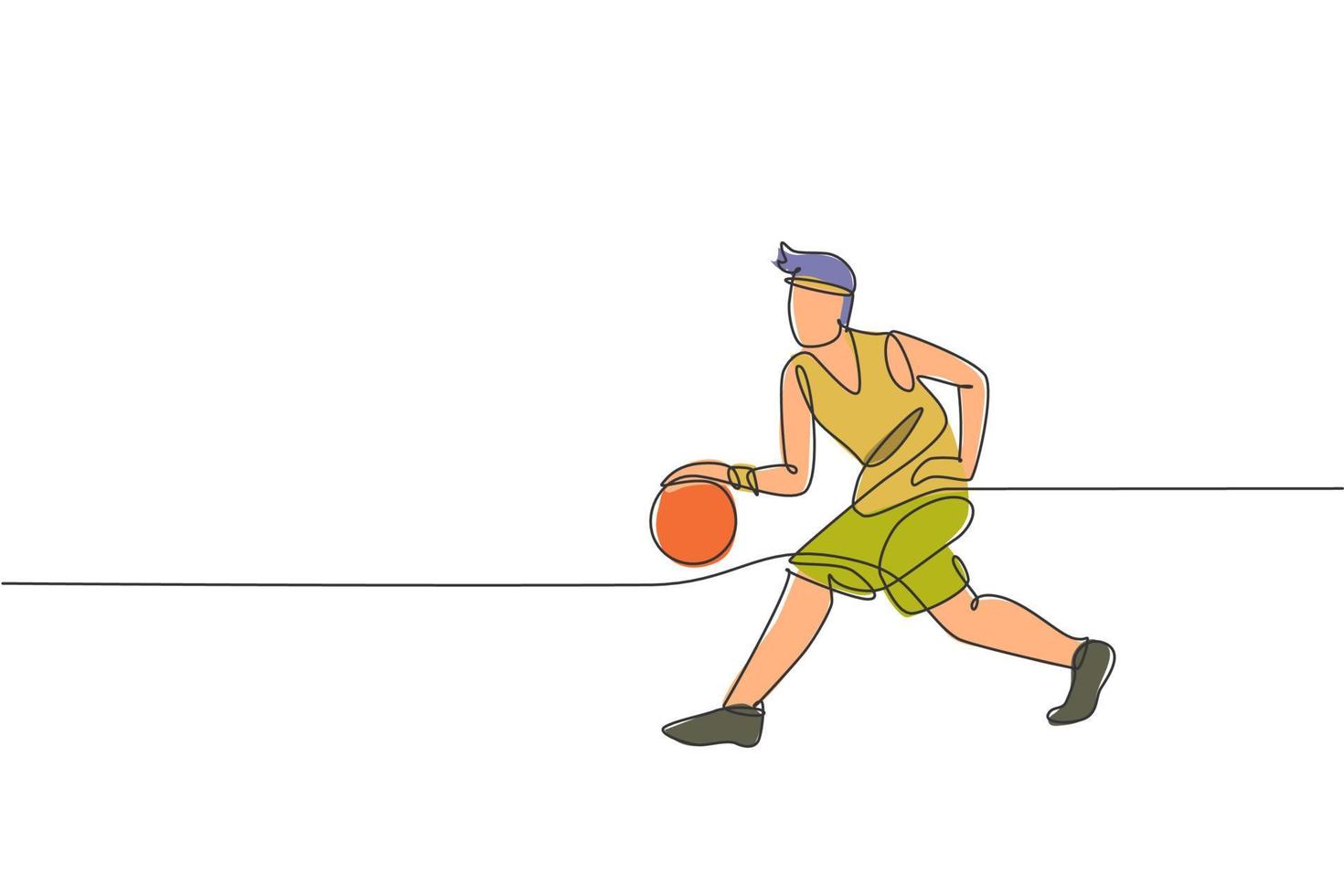 een doorlopende lijntekening van een jonge basketbalspeler die rent en de bal dribbelt. teamwerk sport concept. dynamische enkele lijn tekenen ontwerp vectorillustratie voor team college werving poster vector