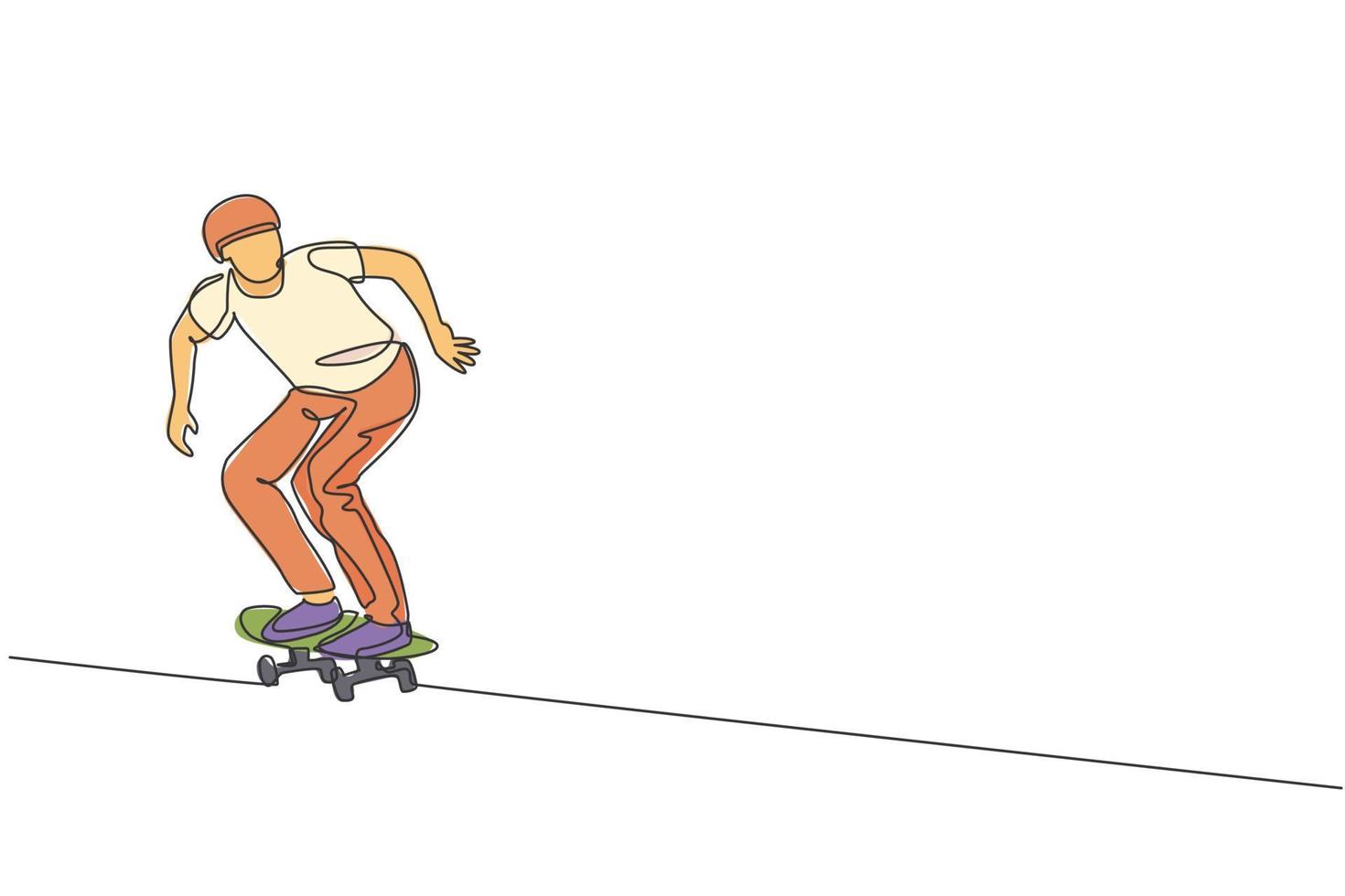 een doorlopende lijntekening van een jonge coole skateboarder die op een skateboard rijdt en een truc doet in het skatepark. extreme tiener sport concept. dynamische enkele lijn tekenen ontwerp grafische vectorillustratie vector