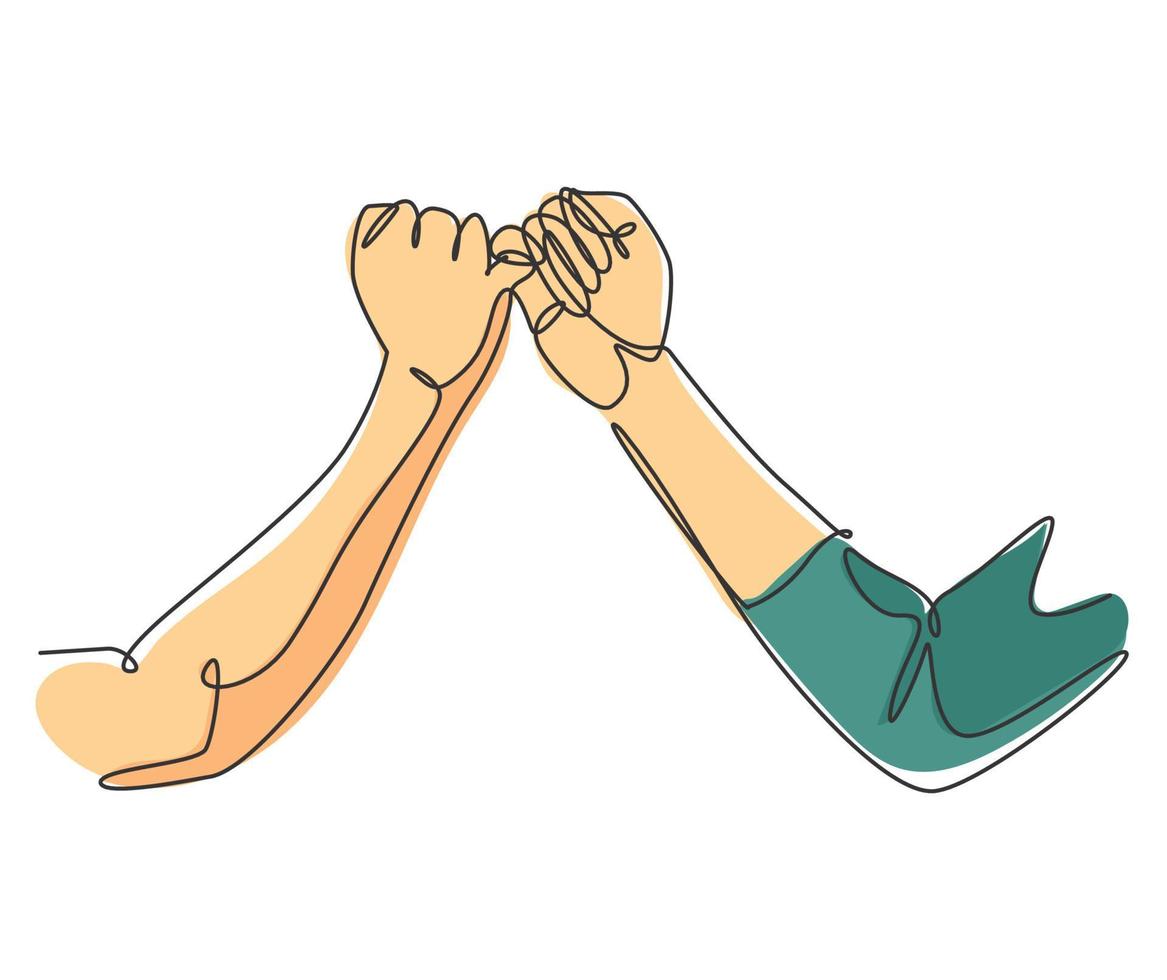 een lijntekening van twee handen haken elkaar hun kleine vingers. vriendschapsband in doorlopende lijntekening ontwerpstijl. belofte concept vector grafische afbeelding