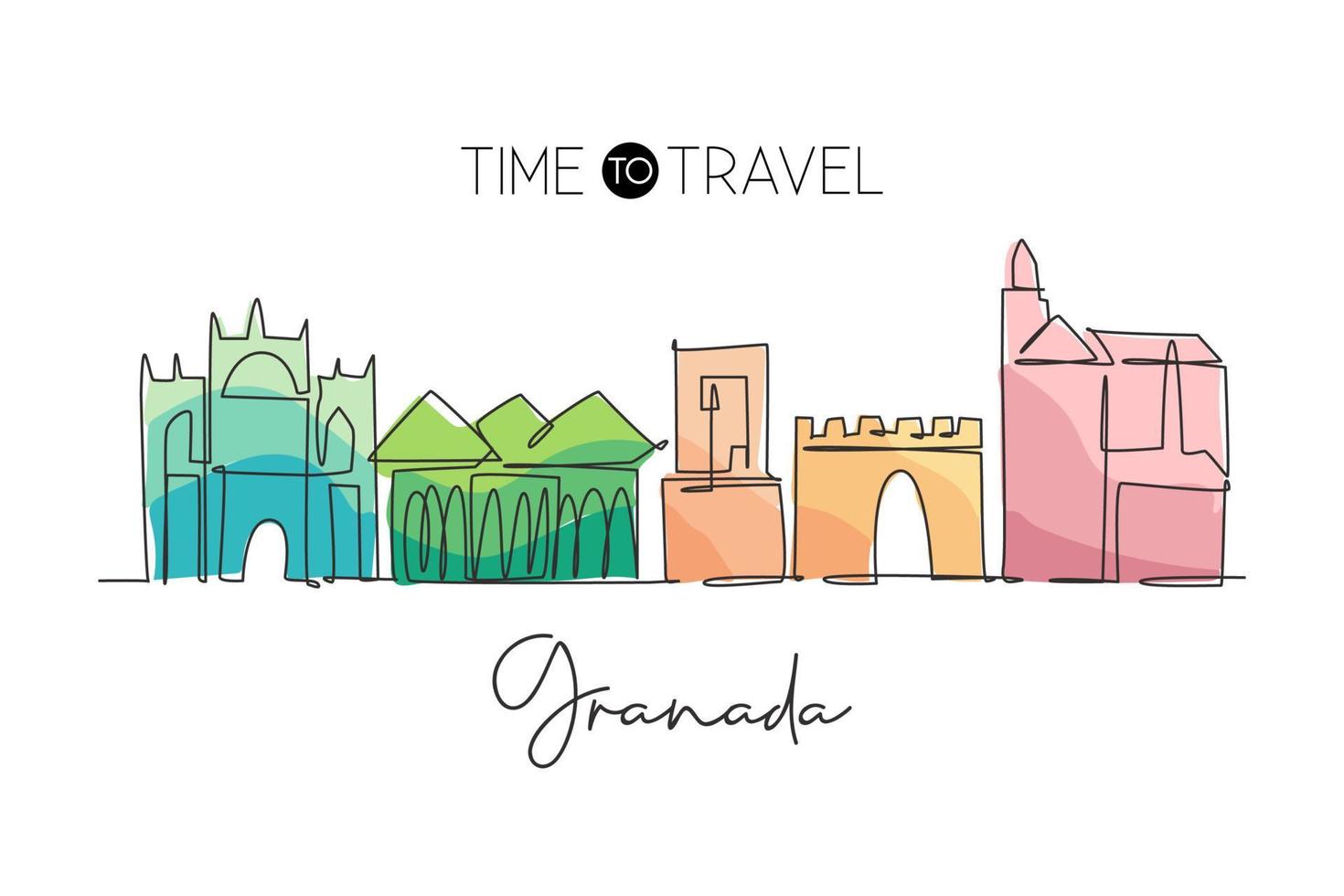 een enkele lijntekening van de skyline van de stad van granada, spanje. historisch landschap in wereld ansichtkaart. beste vakantiebestemming muur decor poster kunst. trendy doorlopende lijn tekenen ontwerp vectorillustratie vector