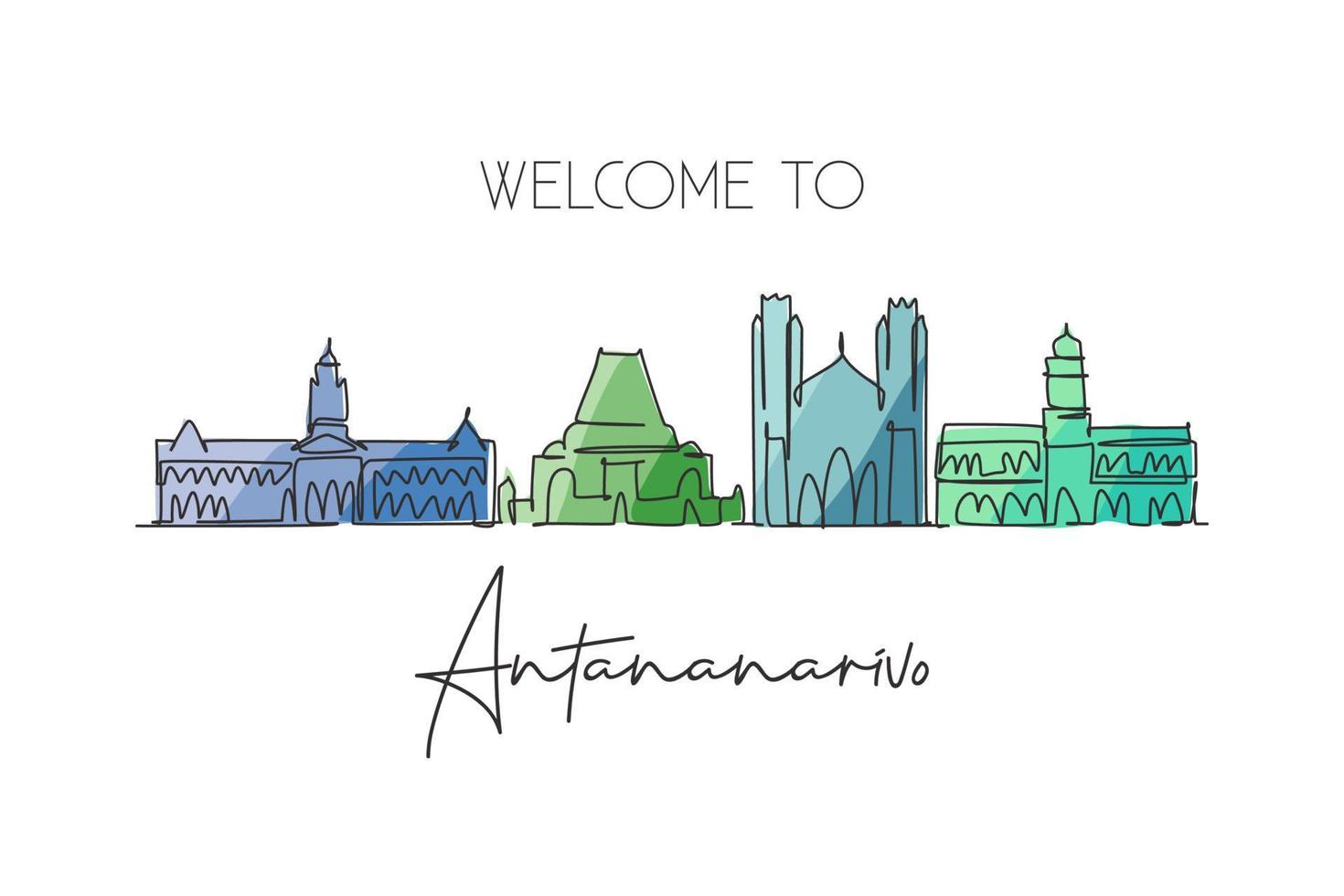 een doorlopende lijntekening van de skyline van de stad Antananarivo, Madagaskar. mooi stadsoriëntatiepunt. wereld landschap toerisme en reizen. bewerkbare stijlvolle lijn enkele lijn tekenen ontwerp vectorillustratie vector