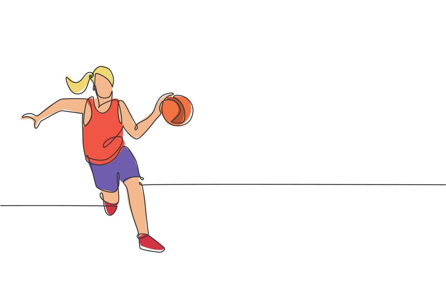 een doorlopende lijntekening van een jonge basketbalvrouw die een bal rent en dribbelt. competitief teamsportconcept. dynamische enkele lijn tekenen ontwerp vector illustratie afbeelding voor sport poster