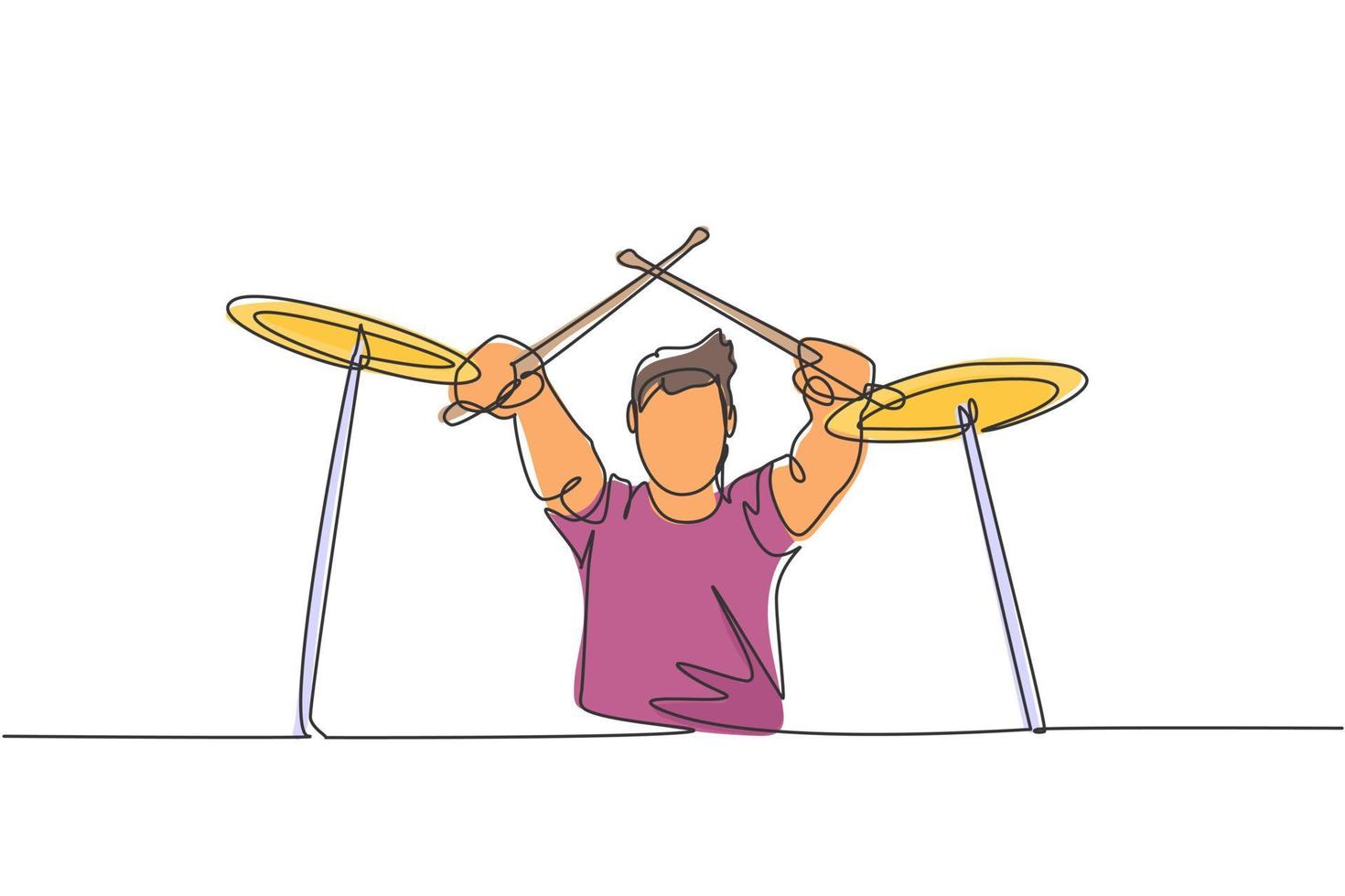 een enkele lijntekening van een jonge mannelijke drummer die de drumstick oversteekt tijdens het spelen van drumstel op muziekfestivalpodium. muzikant kunstenaar prestaties concept continu lijn tekenen ontwerp vectorillustratie vector