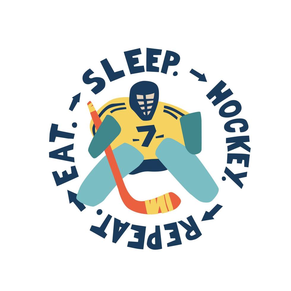 vlak hockey embleem met een keeper. ijs hockey etiket met motto en keeper. gemakkelijk, tekening, tekenfilm, hand- getrokken vector