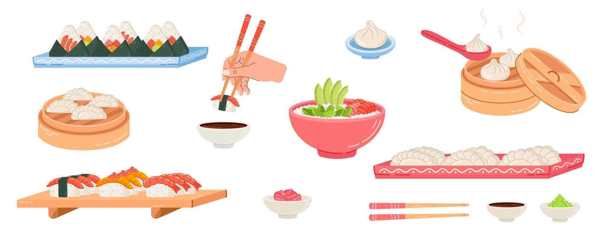 groot reeks van illustraties met Aziatisch voedsel, sushi set, nigiri Aan een bord, knoedel gerecht, schaal. hand- getrokken Japans voedsel elementen voor menu, spandoeken, affiches, stickers. vector