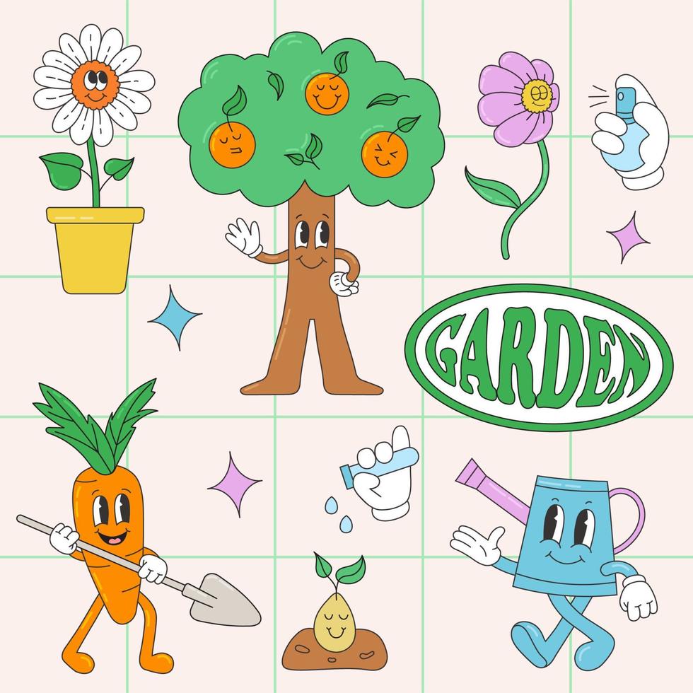 voorjaar tuinieren verzameling. modieus retro tekenfilm stijl illustraties van bloemen en grappig schattig fabriek. wijnoogst karakter vector kunst elementen.
