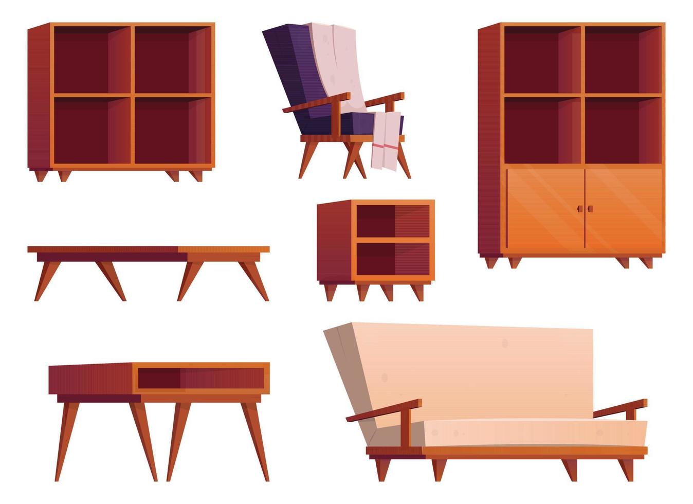 meubilair items in tekenfilm stijl. verzameling van houten garderobe, stoel, tafel, bureau en fauteuil vector illustratie geïsoleerd Aan wit