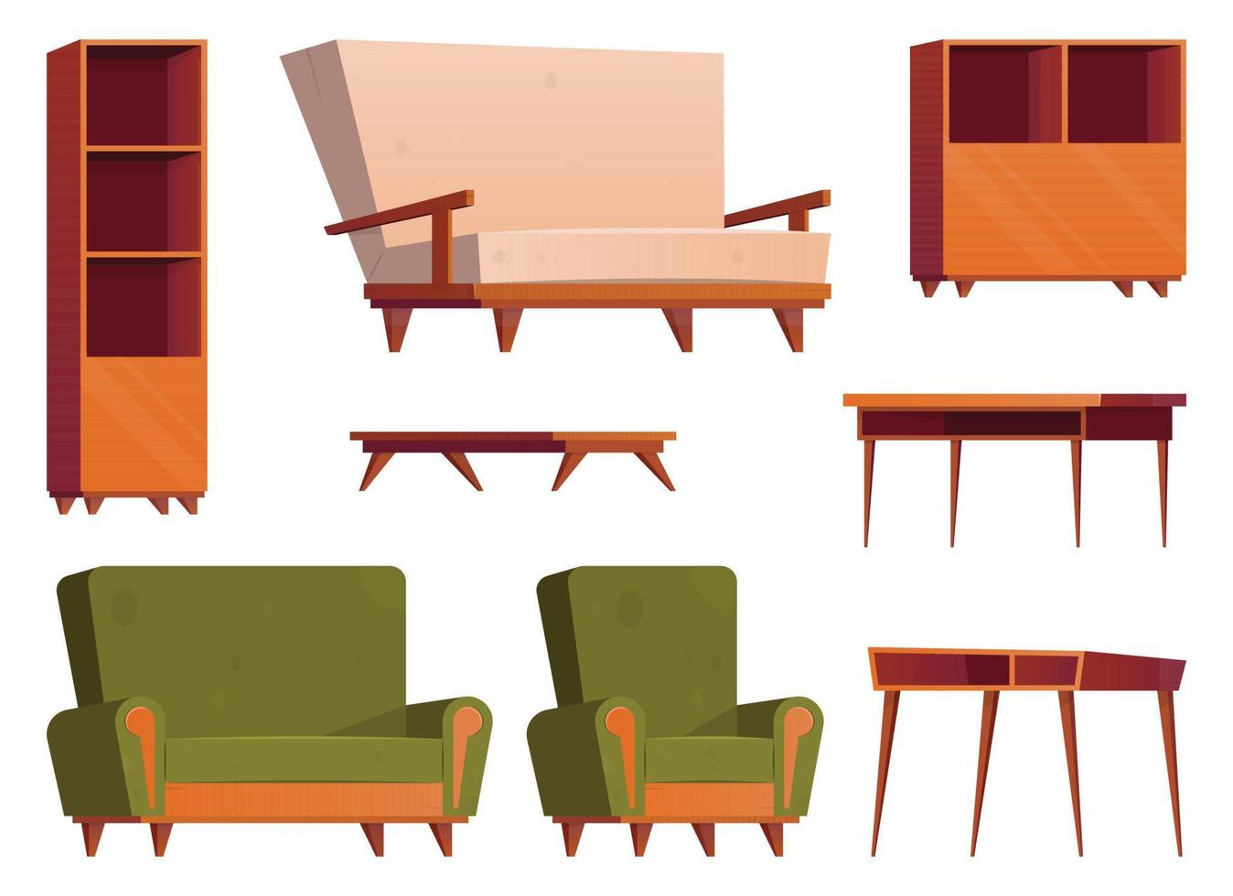 meubilair items in tekenfilm stijl. verzameling van houten garderobe, stoel, tafel, bureau en fauteuil vector illustratie geïsoleerd Aan wit