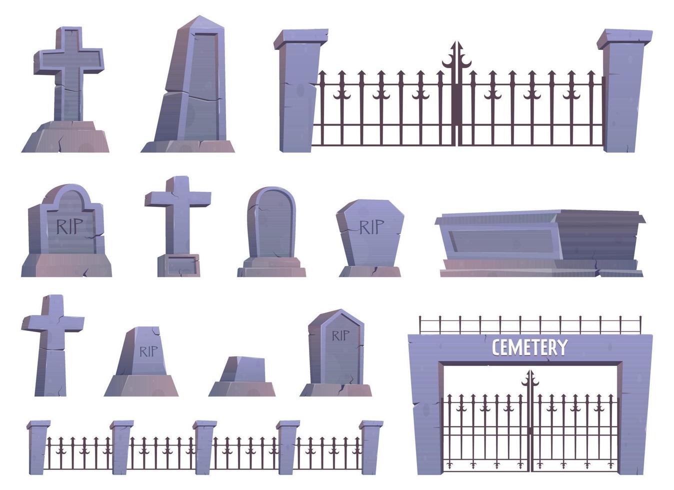 gotisch grafstenen en steen kruisen. begraafplaats kruisen, graf mausoleum, pijler en oude gedenktekens met scheuren vector