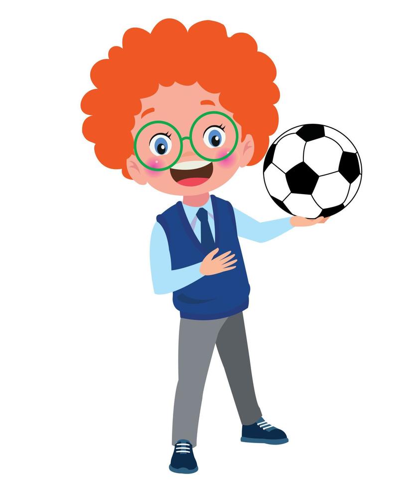 schattig jongen met school- uniform en voetbal bal vector