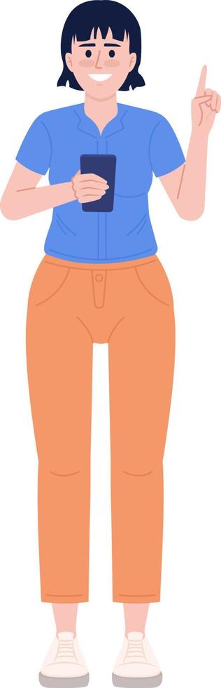 glimlachen vrouw met telefoon verhogen vinger omhoog semi vlak kleur vector karakter. bewerkbare figuur. vol lichaam persoon Aan wit. gemakkelijk tekenfilm stijl plek illustratie voor web grafisch ontwerp en animatie