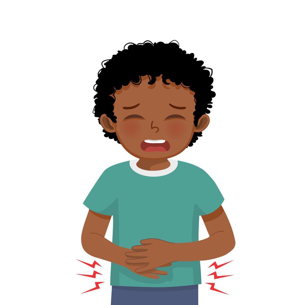 schattig weinig Afrikaanse jongen lijden van maagpijn, diarree, indigestie probleem, buik pijn, voedsel vergiftiging, misselijkheid, gastritis of opgeblazen gevoel vector