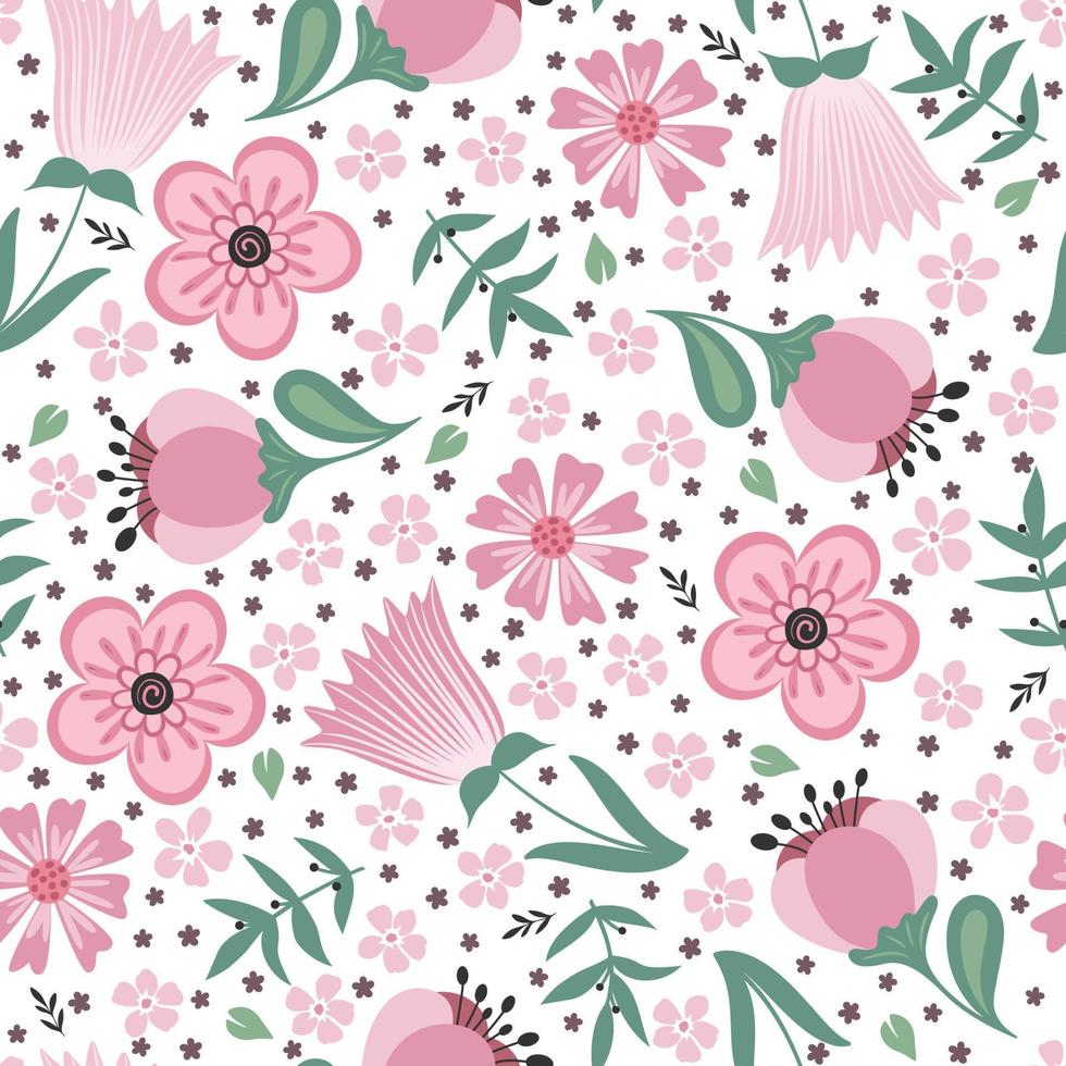 boho naadloos patroon met roze bloemen en bladeren vector