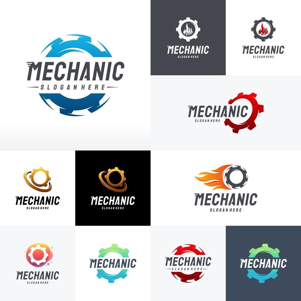 set van moderne mechanische logo ontwerpen vector, versnelling technologie logo sjabloon vector