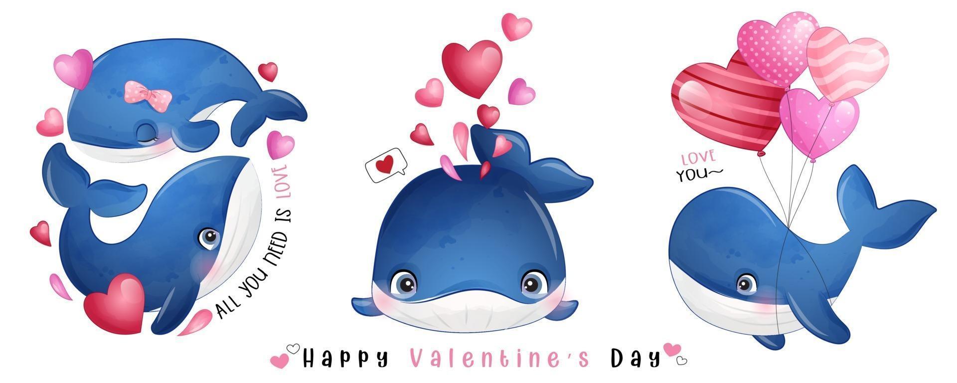 schattige doodle walvis voor Valentijnsdag collectie vector