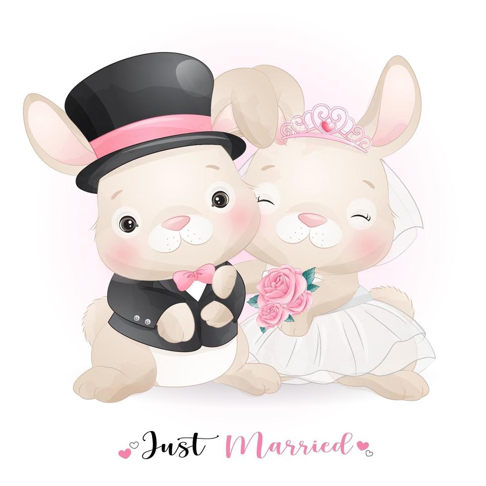 schattig doodle konijn met trouwkleding voor Valentijnsdag vector