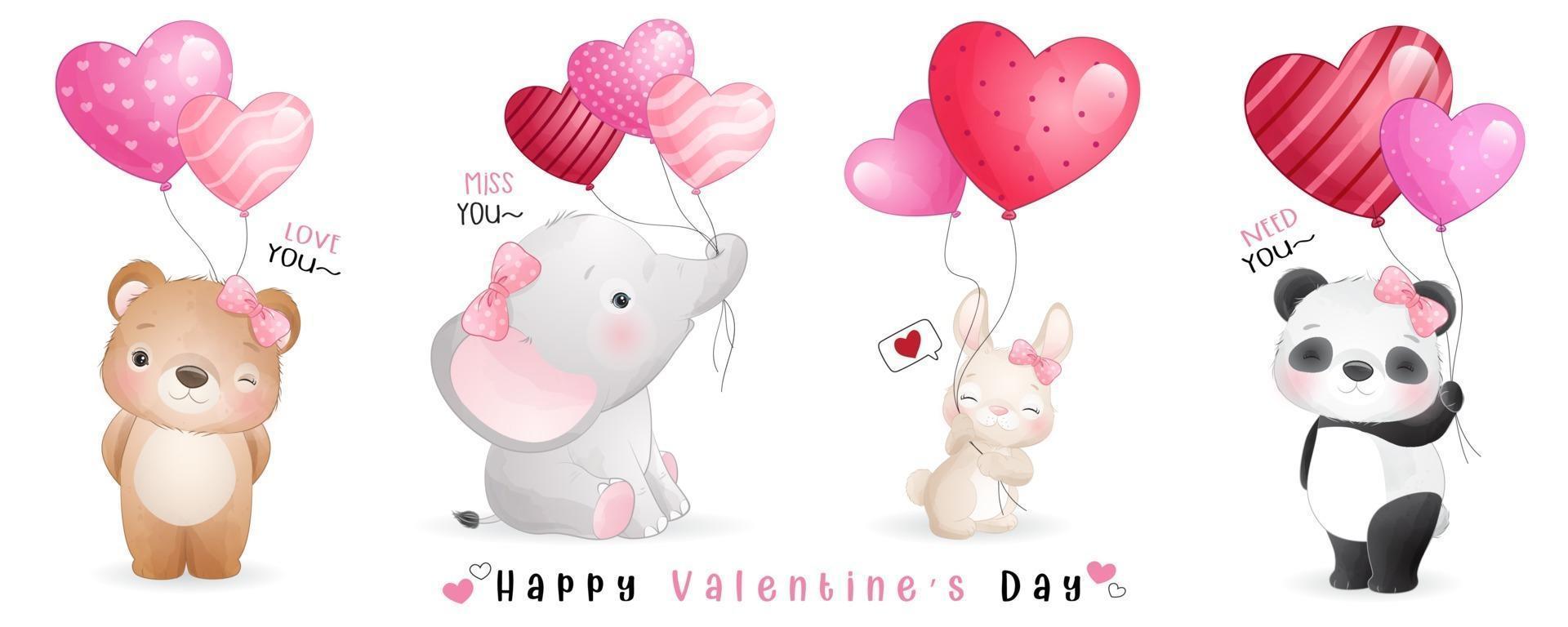 schattige doodle dieren voor Valentijnsdag collectie vector