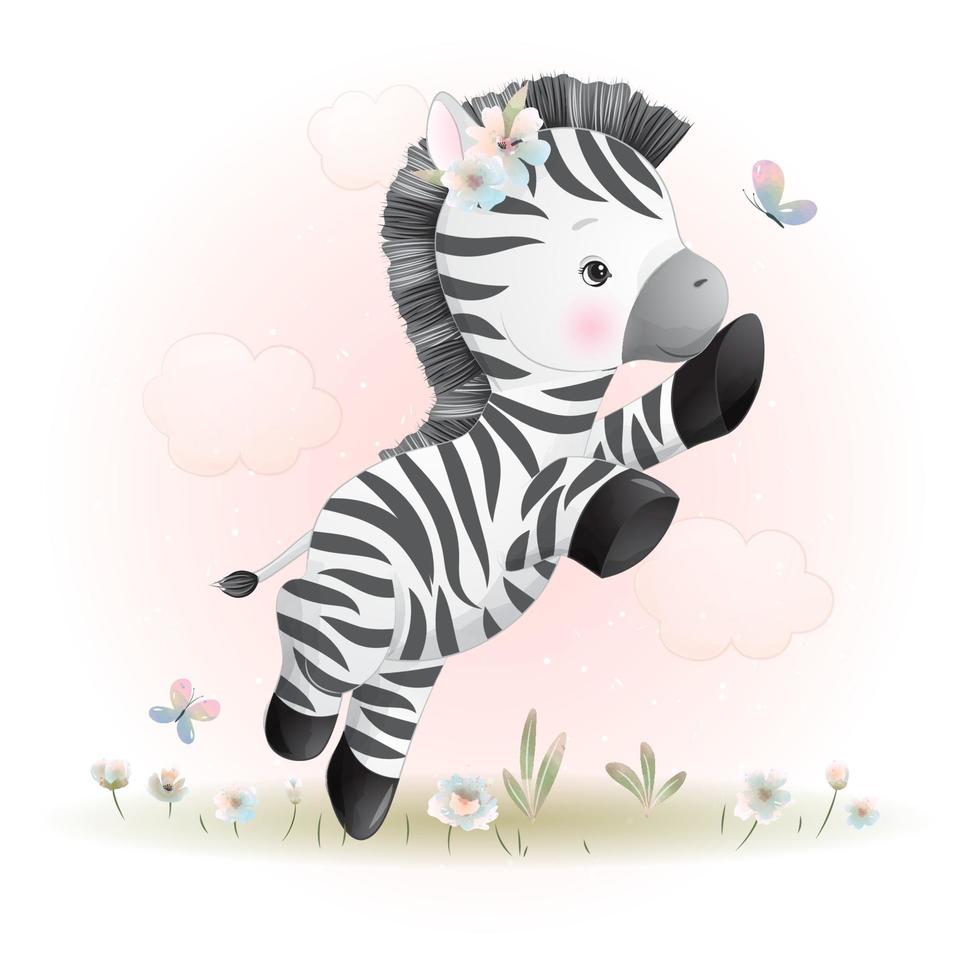 schattige doodle zebra met bloemen illustratie vector