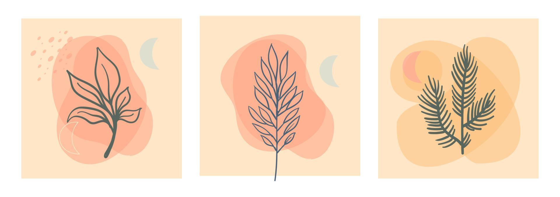 botanisch muur kunst vector set. esthetisch gebladerte lijn kunst tekening met biologisch abstract vormen. fabriek kunst ontwerp voor afdrukken, omslag, behang. minimalistische en natuurlijk ontwerp.