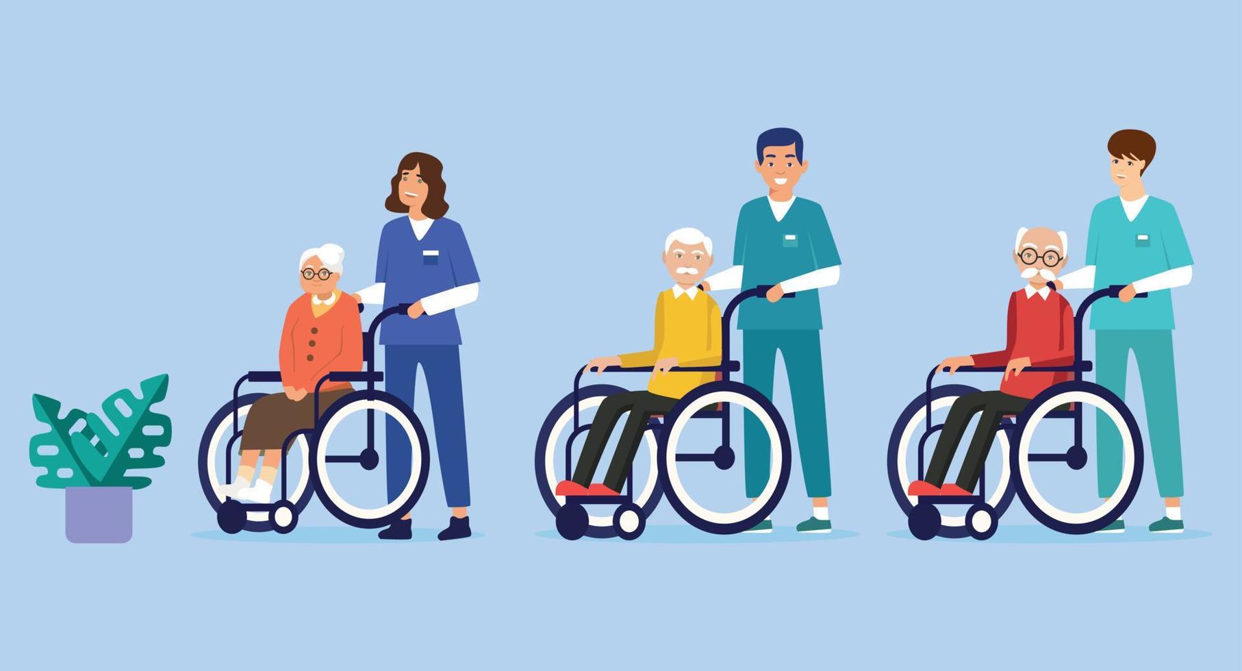kaart met verpleegsters en oud patiënten in rolstoelen vector