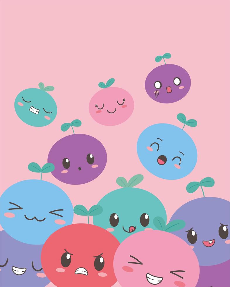 cartoon kawaii fruit met verschillende gezichten uitdrukkingen vector