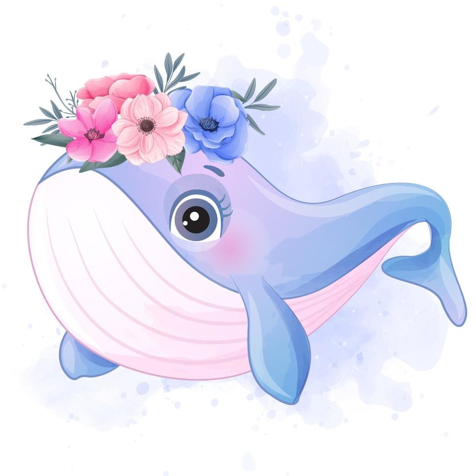 schattige kleine walvis met aquarel illustratie vector