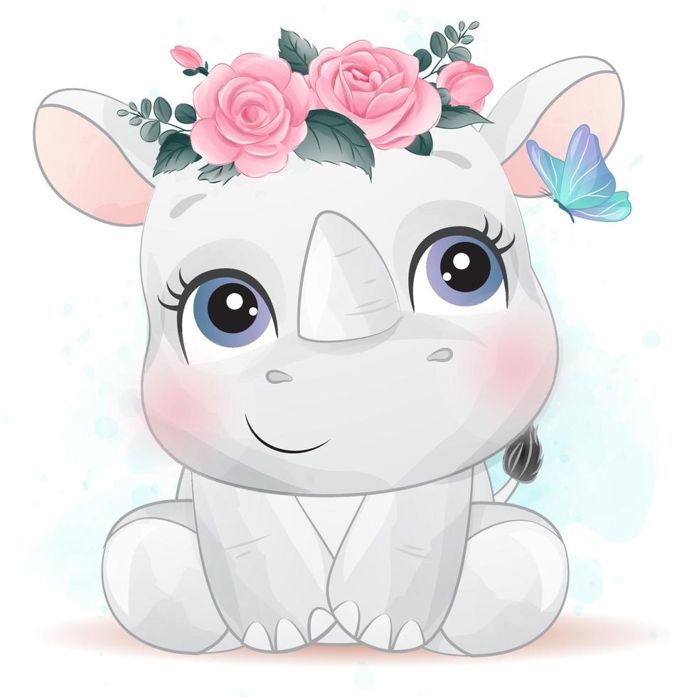 schattige kleine neushoorn met aquarel illustratie vector