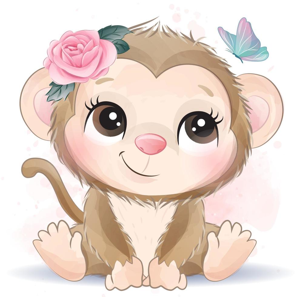 schattige kleine aap met aquarel illustratie vector