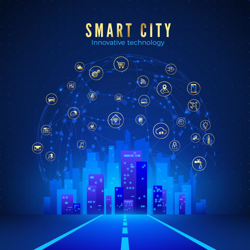 slim stad of iot concept. weg leidend naar stad landschap in blauw kleur en globaal web met slim systemen pictogrammen Aan achtergrond. vector illustratie