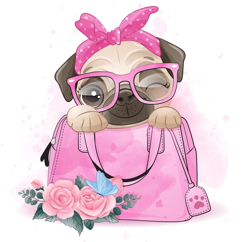 schattige kleine pug met aquarel illustratie vector