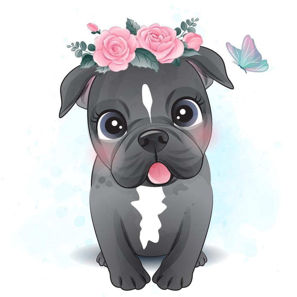 schattige kleine pitbull met bloemenillustratie vector