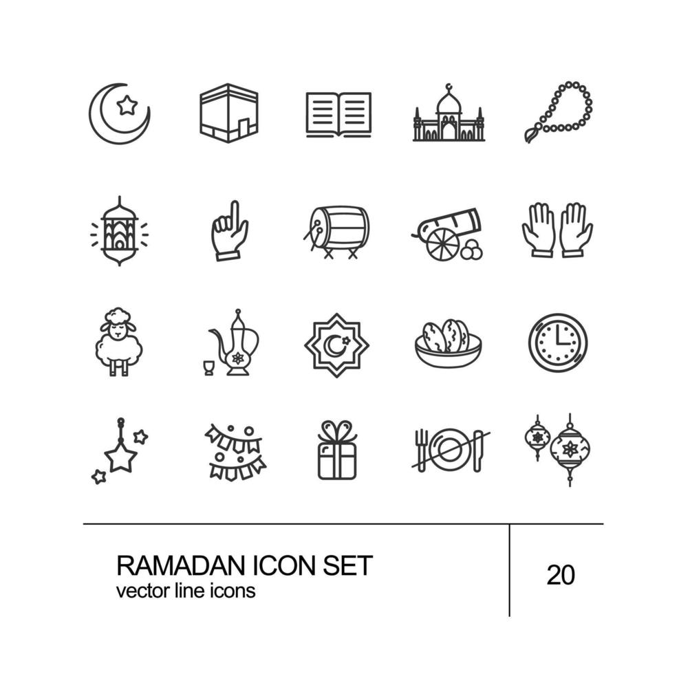 Ramadan teken zwart dun lijn icoon set. vector