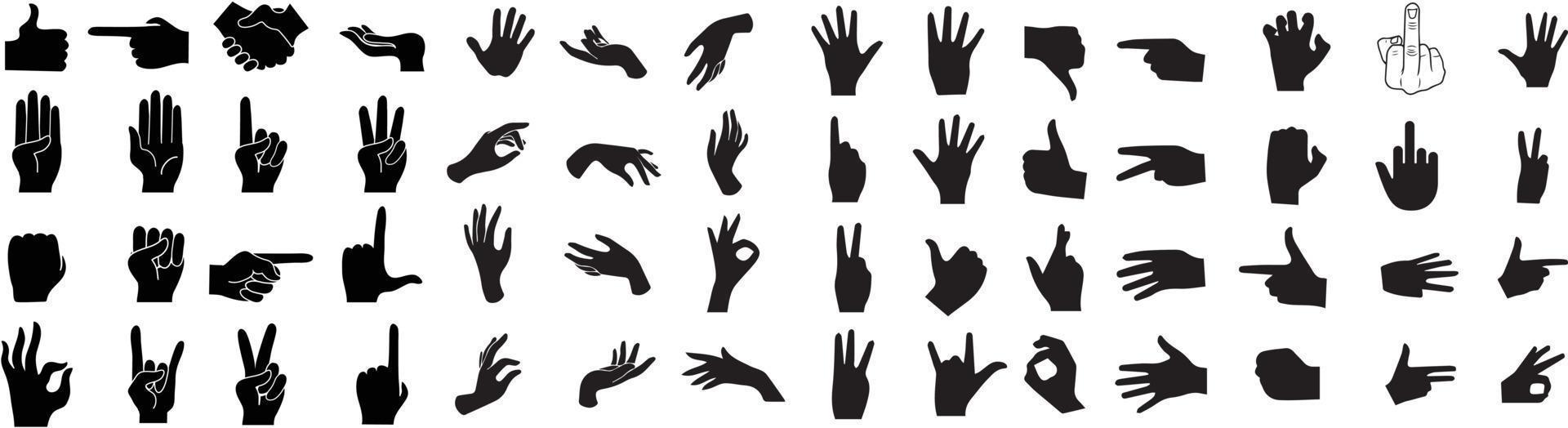 handen houding set. handen poseert. hand- Holding en richten gebaren, vingers gekruist, vuist, vrede en duim omhoog. hand- teken groot reeks vector