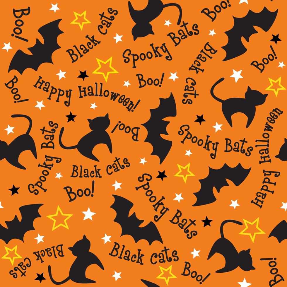 naadloos patroon van halloween katten, vleermuizen, en sterren met formuleringen-halloween vector ontwerp