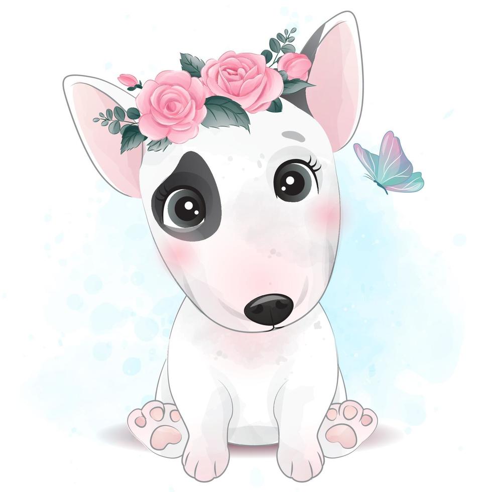 schattige kleine hond met bloemenillustratie vector