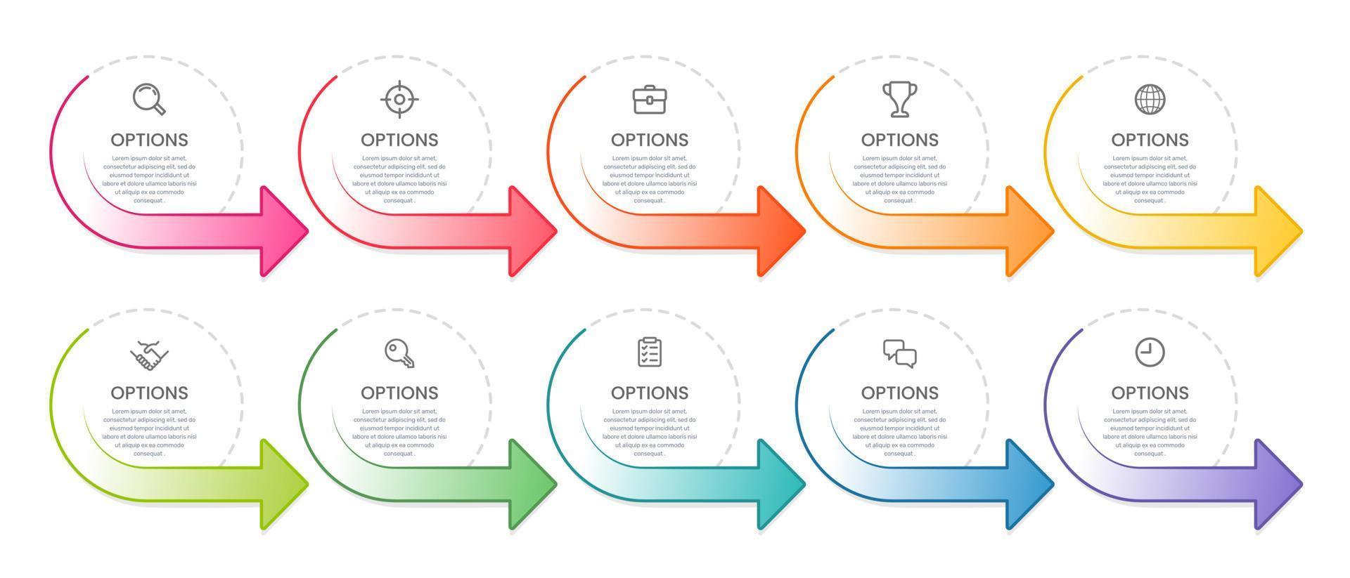 10 infographic cirkel kader opties met kleurrijk pijlen. vector illustratie.