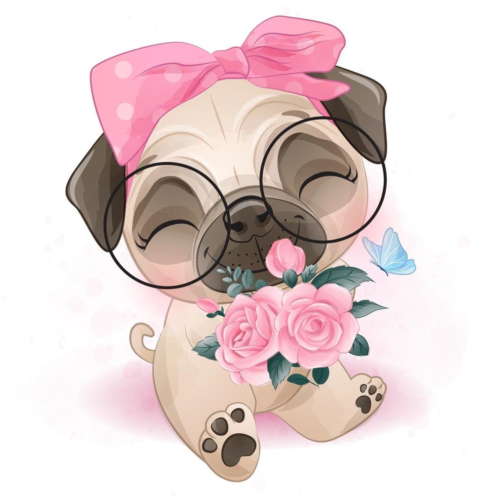 schattige kleine pug met aquarel illustratie vector