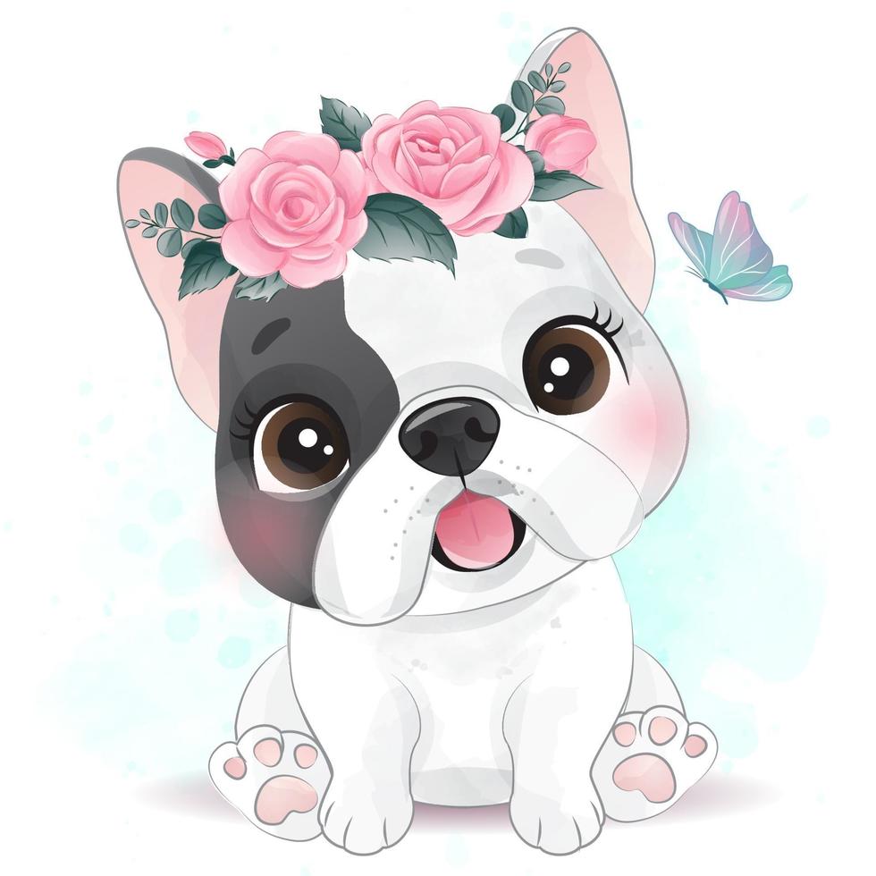 schattige kleine hond met bloemenillustratie vector