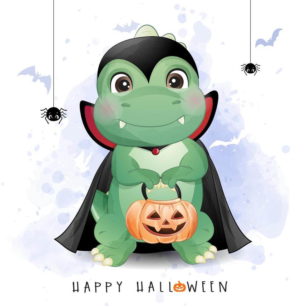 schattige doodle dinosaurus voor Halloween-dag met aquarel illustratie vector