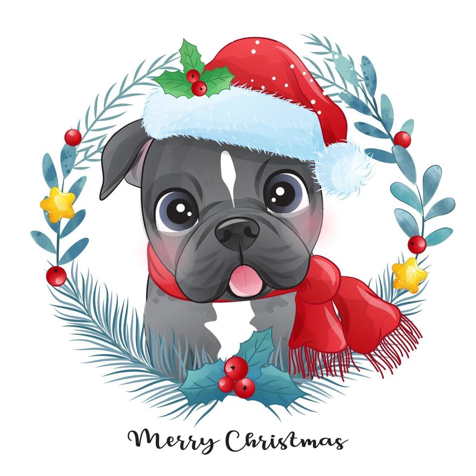 schattige doodle puppy voor Kerstmis met aquarel illustratie vector