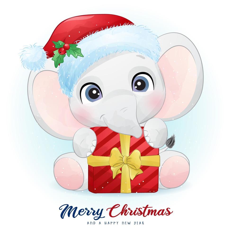 schattige doodle olifant voor kerstdag met aquarel illustratie vector